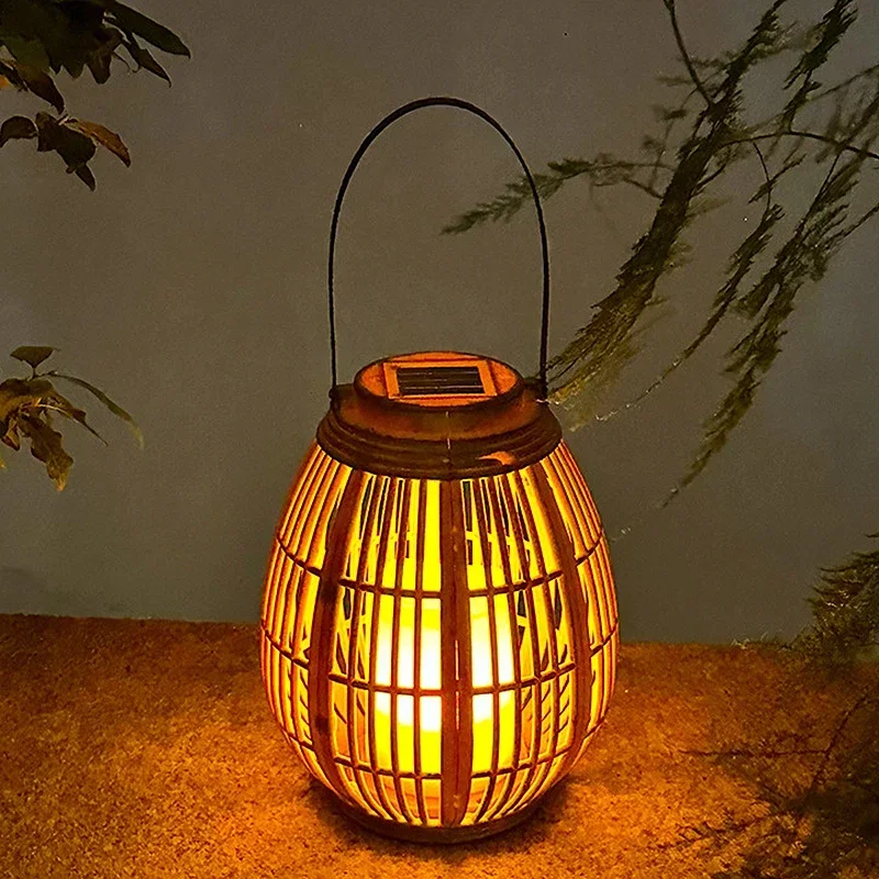 Outdoor Solar Imitation Rattan Lantern Courtyard Balcony Garden Decoration Candle Lights Creative Atmosphere Bamboo Chandelier