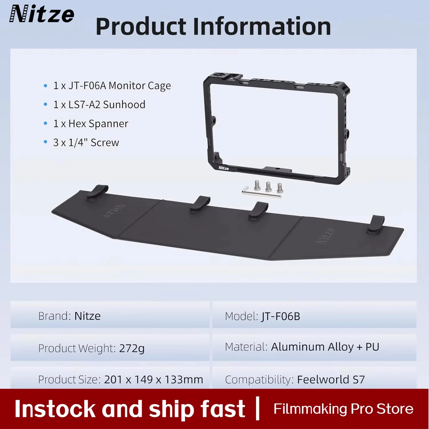 Nitze Monitor Cage for Feelworld S7 Monitor with Built-in NATO Rail, Cold Shoe, and LS7-A2 PU Sunhood