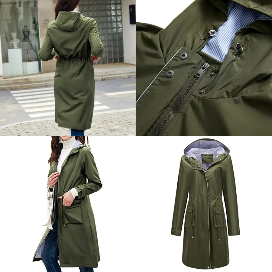 Women's Hooded Rain Jacket Long Waterproof Raincoat Casual Full Zip Anorak Midi Windbreaker Pockets