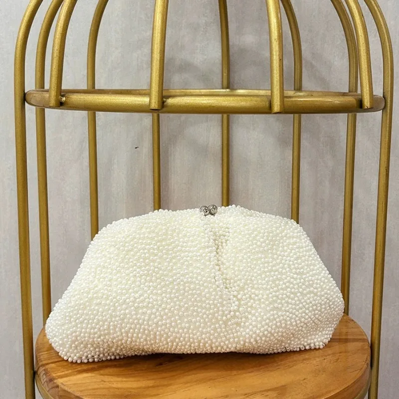 

Fashionable Wedding White Pearls Bags Simple Design Pillow Shape Beading Handbag Banquet Party Socialite Armpit Evening Bag