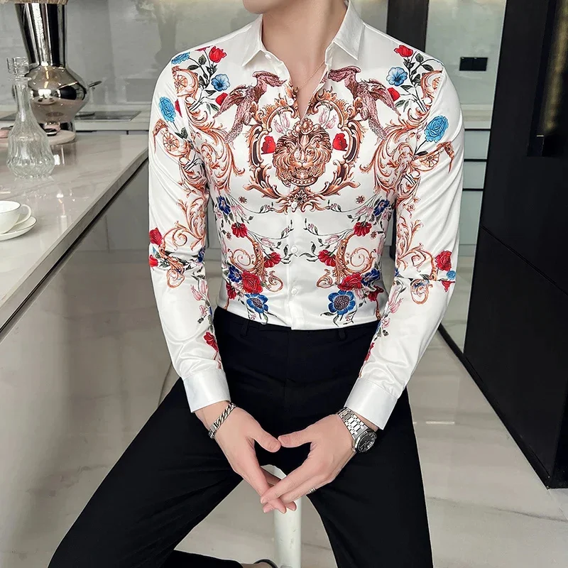 Men's Hawaiian light luxury long sleeved floral shirt, surfboard printed shirt, casual top, elegant clothing, polyester fiber fa