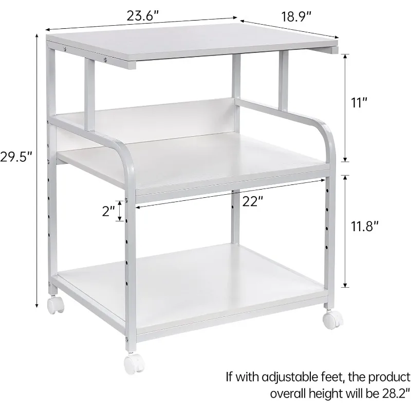 White Printer Stand, 23.6 x18.9 x 29.5 Inches Big Size Printer Table with Adjustable Shelf, 3 Tier Rolling Printer Cart