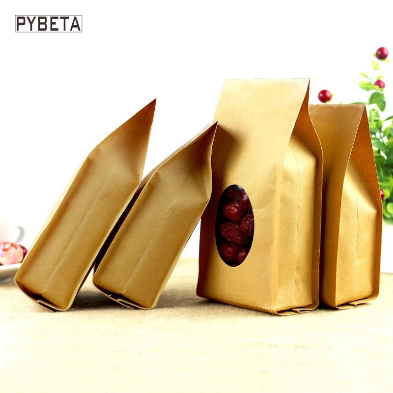 50pcs/lot- 4 sizes available  Top Open Kraft Paper Bag with clear window Heat Seal Side Gusset Pouch for tea coffee food package