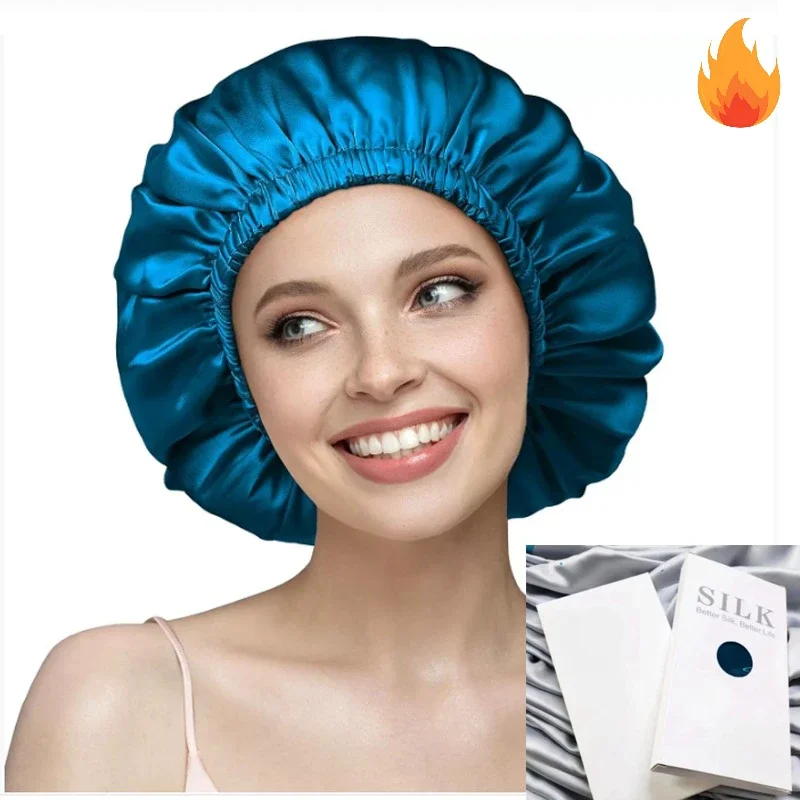 

Двухслойный чепчик из 100% шелка для спящих женщин, шапочка для сна из чистого шелкового шелка 22 Momme с регулируемой резинкой Stay
