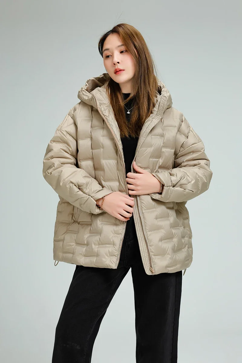 Schinteon Women Light 90% White Duck Down Jacket Casual Loose Over Size Autumn Winter Outwear with Hood Top Quality Coat 2025