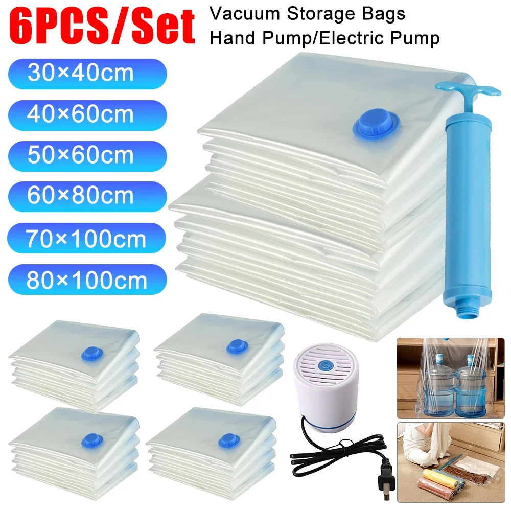 6PCS Vacuum Bag With Valve & Pump for Clothes Storing Large Plastic Compression Empty Bag Travel Accessories Storage Container