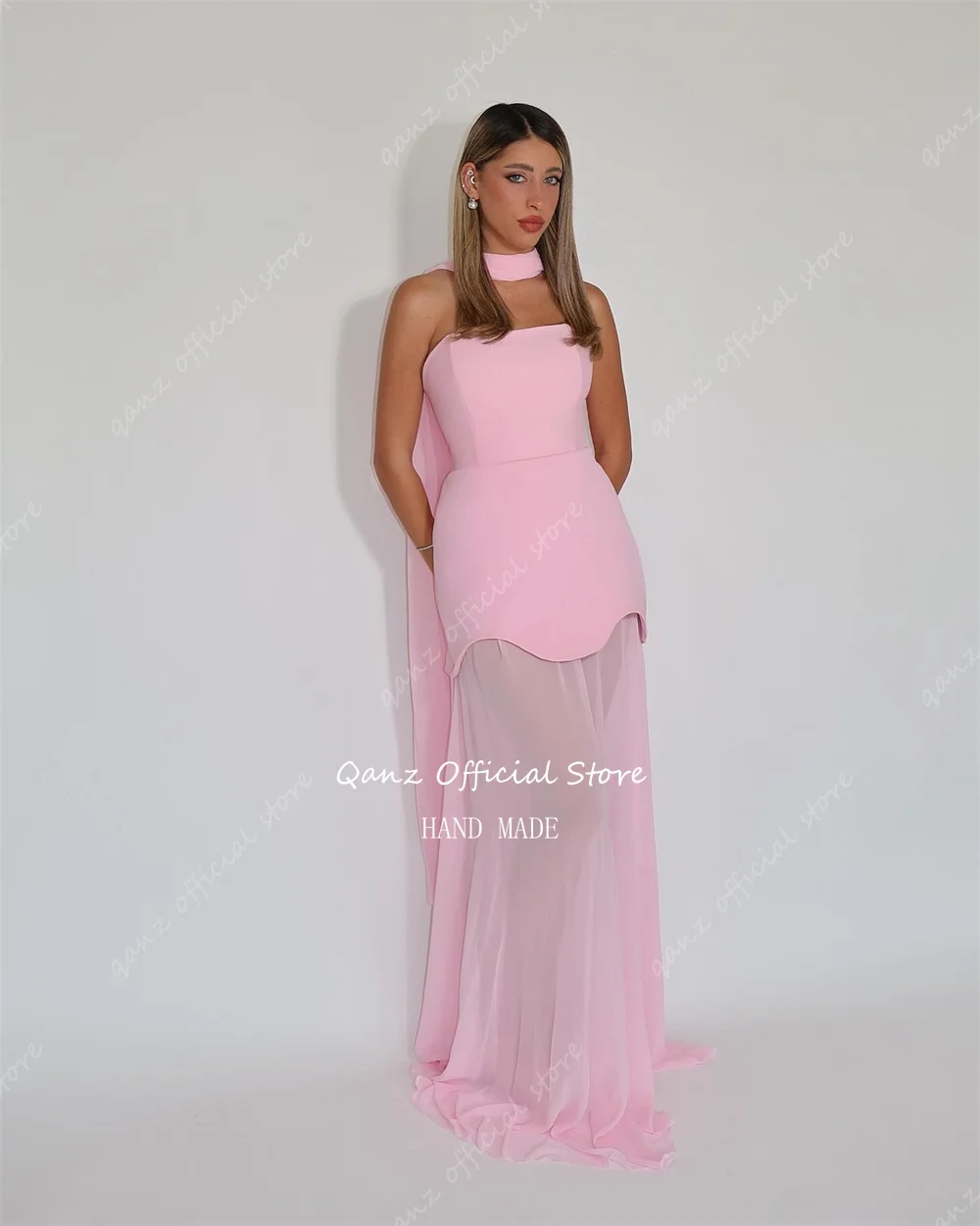 Qanz elegante rosa vestidos de baile sereia cetim e chiffon sereia vestido de noite ilusão vestido de gala noche mujer personalizado