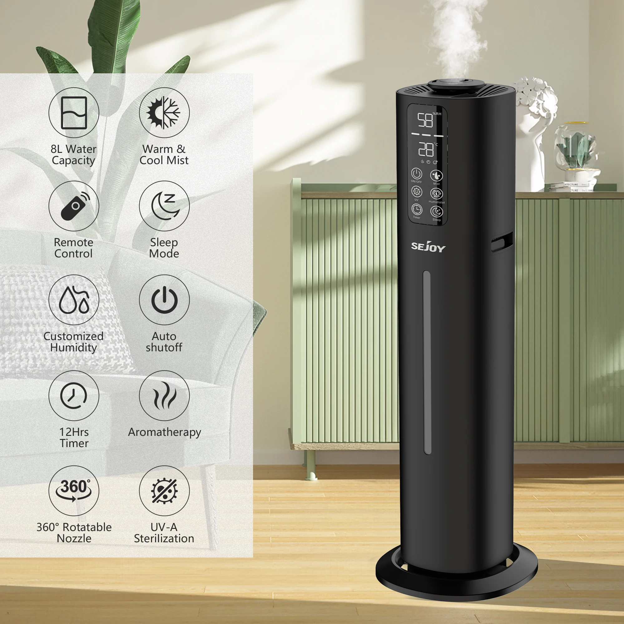 Sejoy-Humidificateur d'air à brume fraîche avec télécommande, buse à 2.11 °, 8l, 360 gallons, remplissage supérieur, grande pièce, chambre à coucher, bureau de bébé