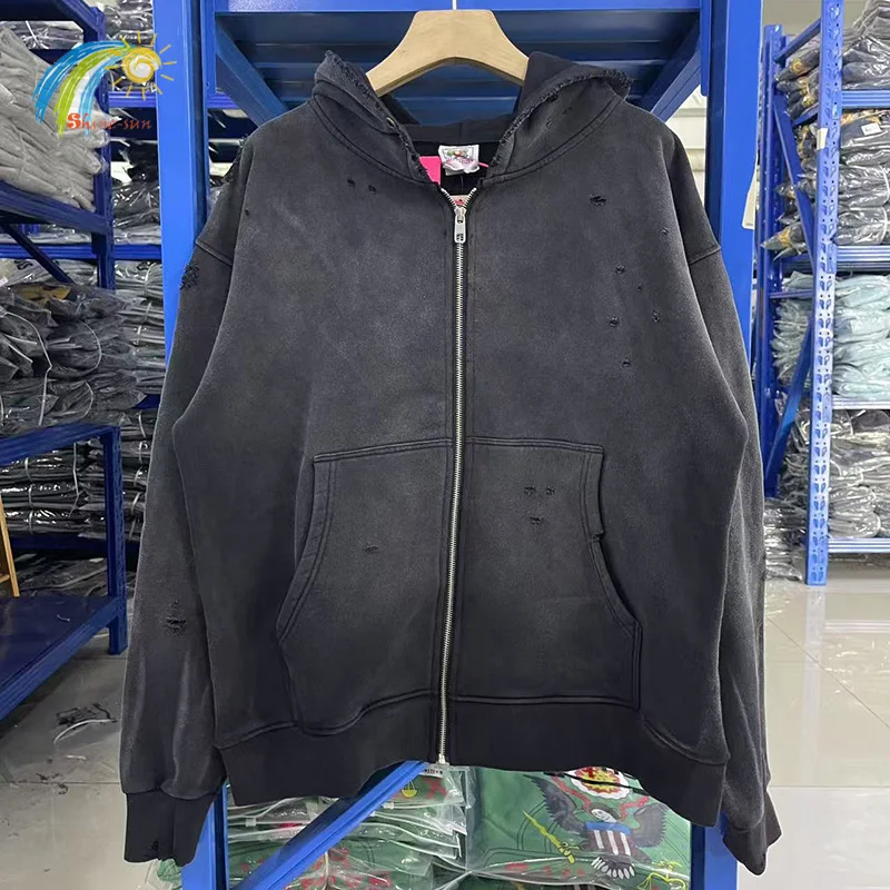 25FW 100% القطن المتضخم خمر غسلها أسود رمادي التالفة هول معاطف الرجال النساء موضة عادية سانت قلنسوة بسحاب مقنعين