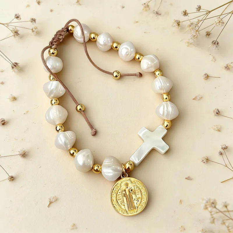 【NEW】1Strip，Niche Virgin Mary Cross Geometric Beaded Adjustable Braided Bracelet，High-quality jewelry，Upgraded Fashion Bracelet，