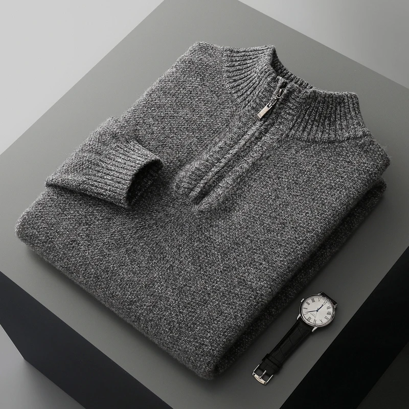 ADDONEE Jesienno-zimowy męski sweter z golfem, wykonany ze 100% wełny merino, gruby, ciepły, elegancki sweter z kaszmirem