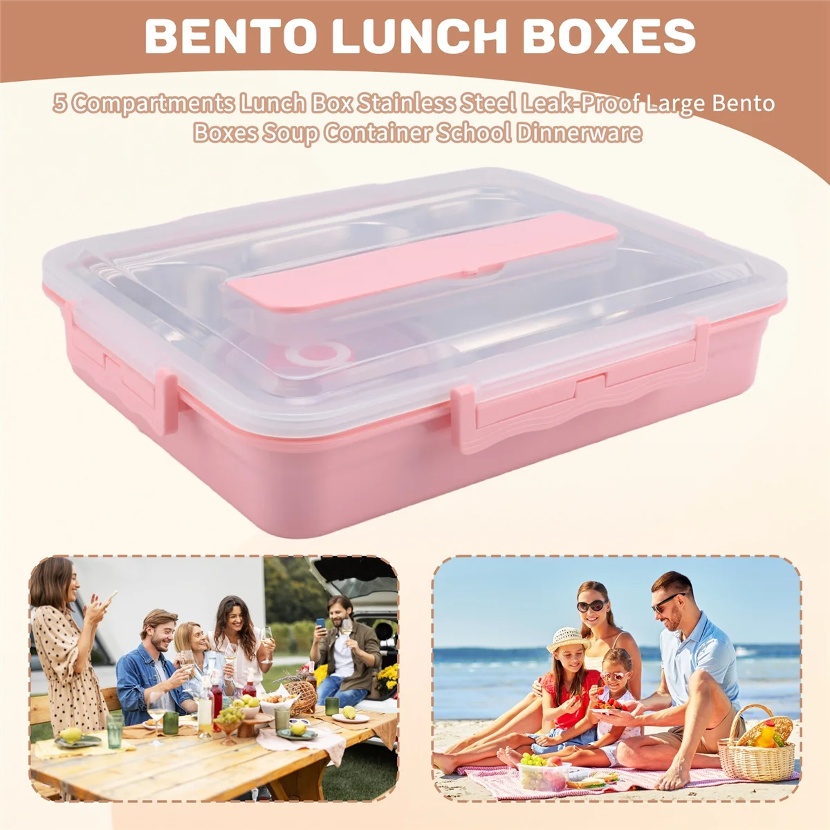 

BAAX 5 Compartments Lunch Box Stainless Steel Leak-Proof Large Bento Boxes Soup Container School Dinnerware(Pink)