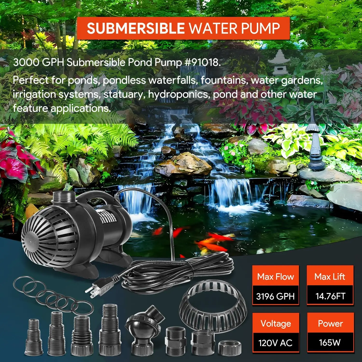 91018 3000 GPH Submersible Pond Water Pump w/ 20 FT Power Cord & 15FT Lift Height Pond Pump