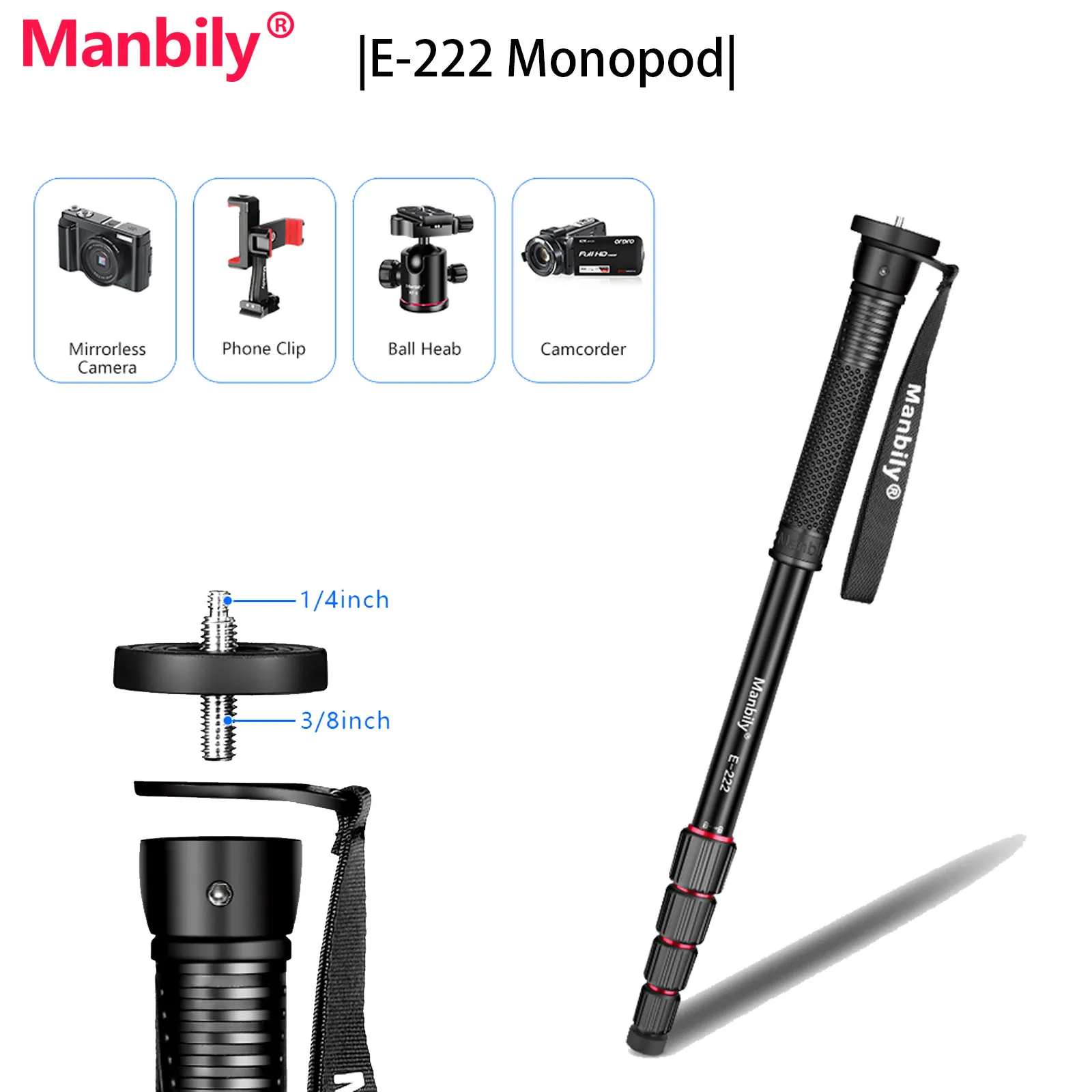 Manbily Aluminum Monopod 65 inch 5-section Expansion Outdoor Travel Photography Support Bracket Portable Walking Trekking Stick