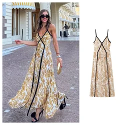 PB&ZA2024 autumn new women's clothing fashionable temperament slim fit waist cinching casual V-neck suspender long printed dress