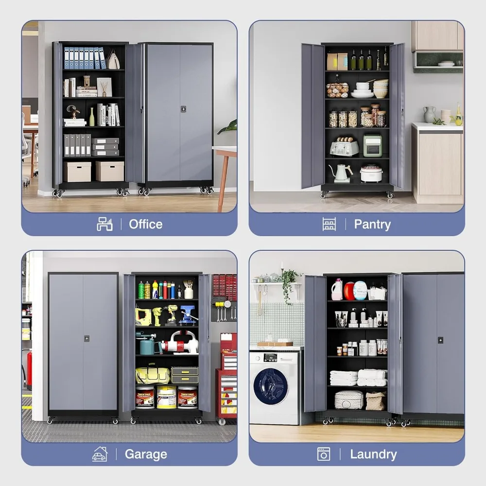 Gabinete de garaje de metal con ruedas, gabinete de almacenamiento alto con 4 estantes ajustables y 2 puertas, gabinete de herramientas bloqueable para garaje H