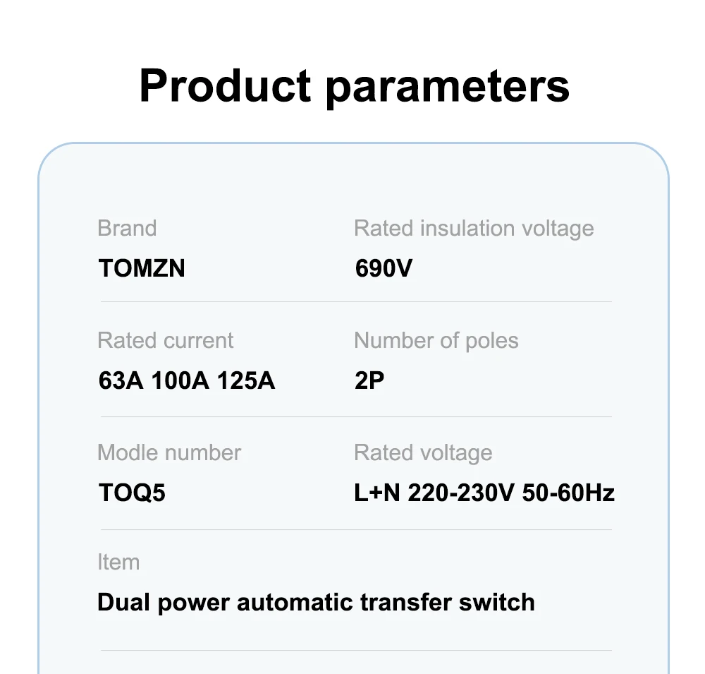TOMZN Single Phase Din Rail ATS 220V Dual Power Automatic Transfer Electrical Selector Switches Uninterrupted 2P 63A 100A 125A