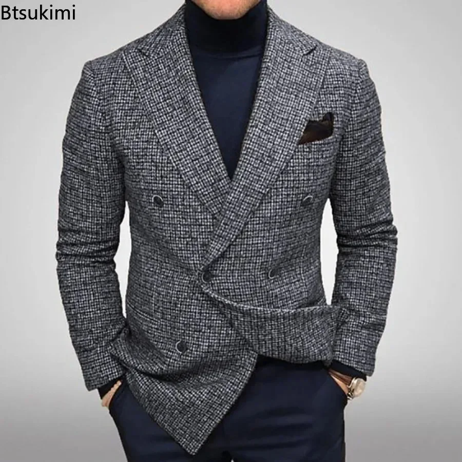 New 2025 Spring Autumn Men\'s Plaid Print Blazer Fashion Casual Slim Wedding Party Long Sleeve Suits Jacket Men\'s Clothing Blazer