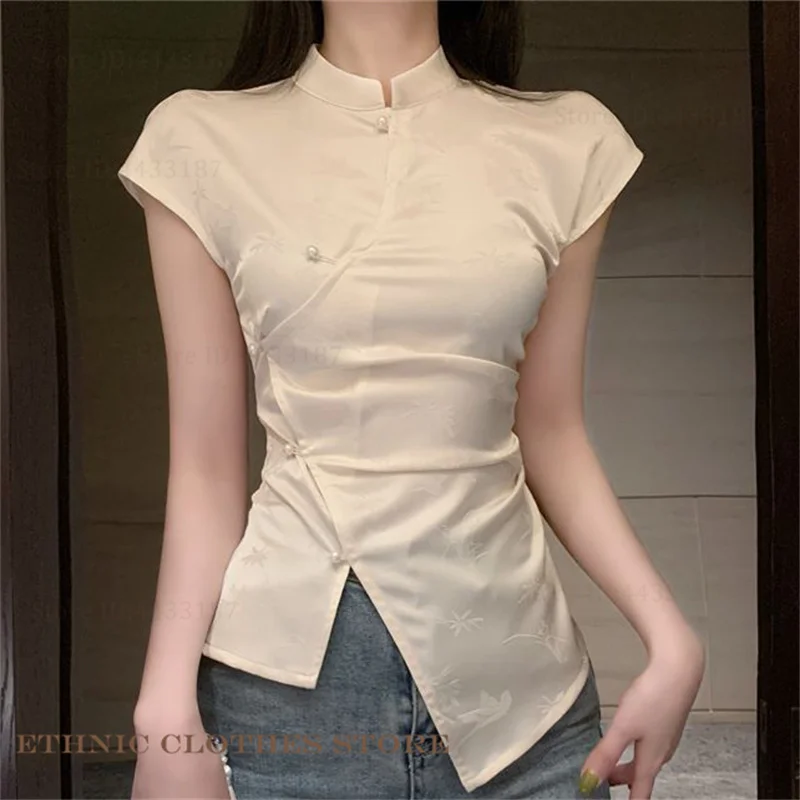 موضة جديدة النمط الصيني قميص علوي كلاسيكي الجاكار تانغ نمط تشيباو شيونغسام بلوزة الملابس الصينية التقليدية قميص الصيف