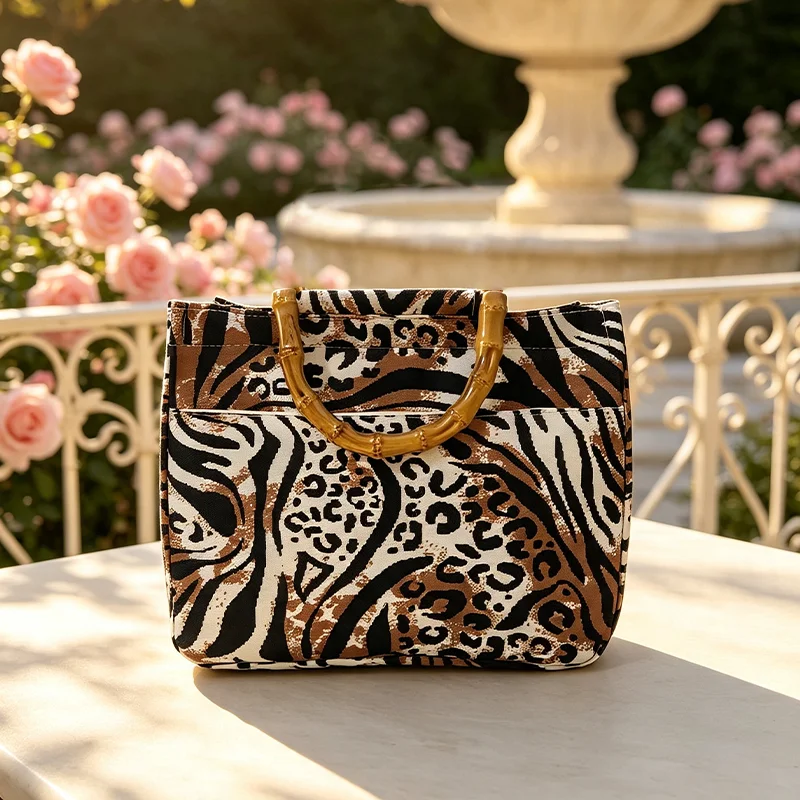 Vintage Zebra and Leopard Print Patchwork Faux Bamboo Handle Women's Tote Bag, Brown, Black