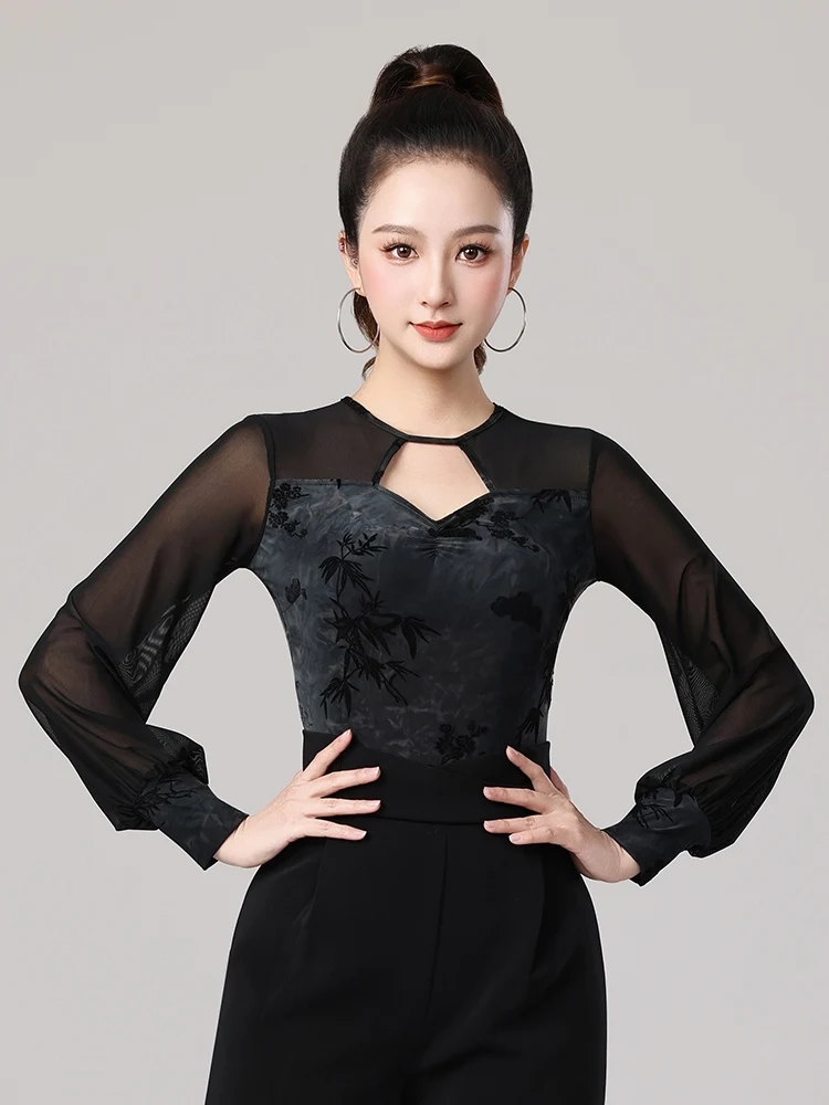 

Latin Dance Costumes Mesh Sleeves Long Sleeved Jumpsuit Modern Dance Jumpsuit Ballroom Dance Costume Latin Dance Top DQL10630
