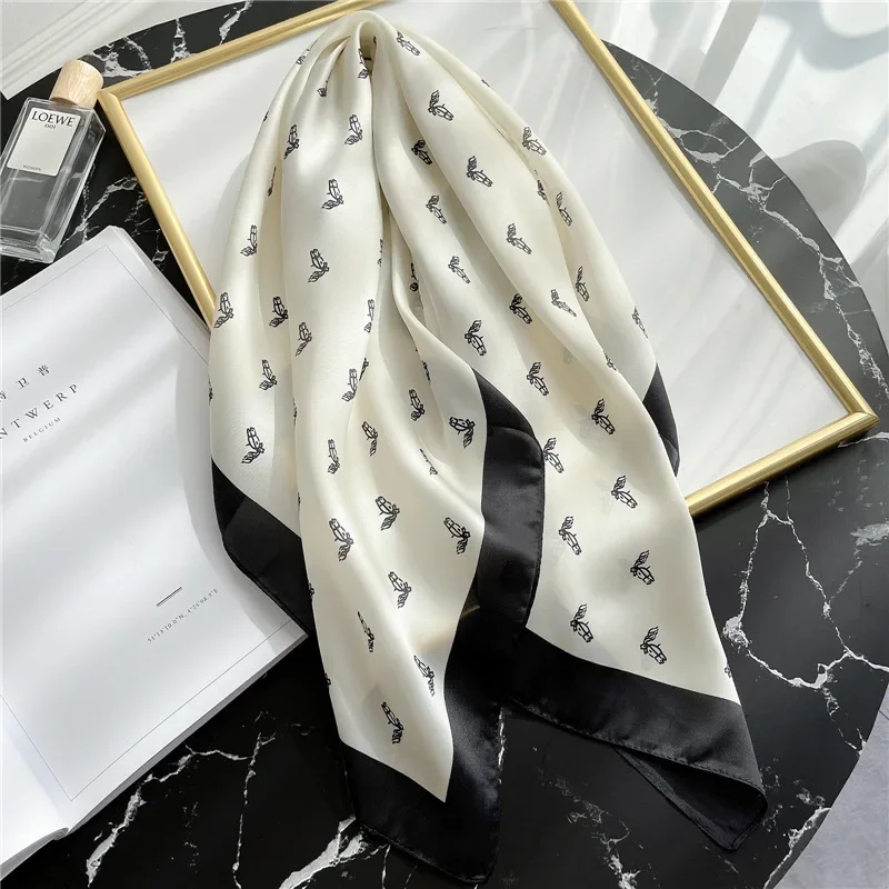 

Luxury Brand Square Silk Scarf Black And White Head Wrap For Women Multifunction Silk Feeling Neckerchief