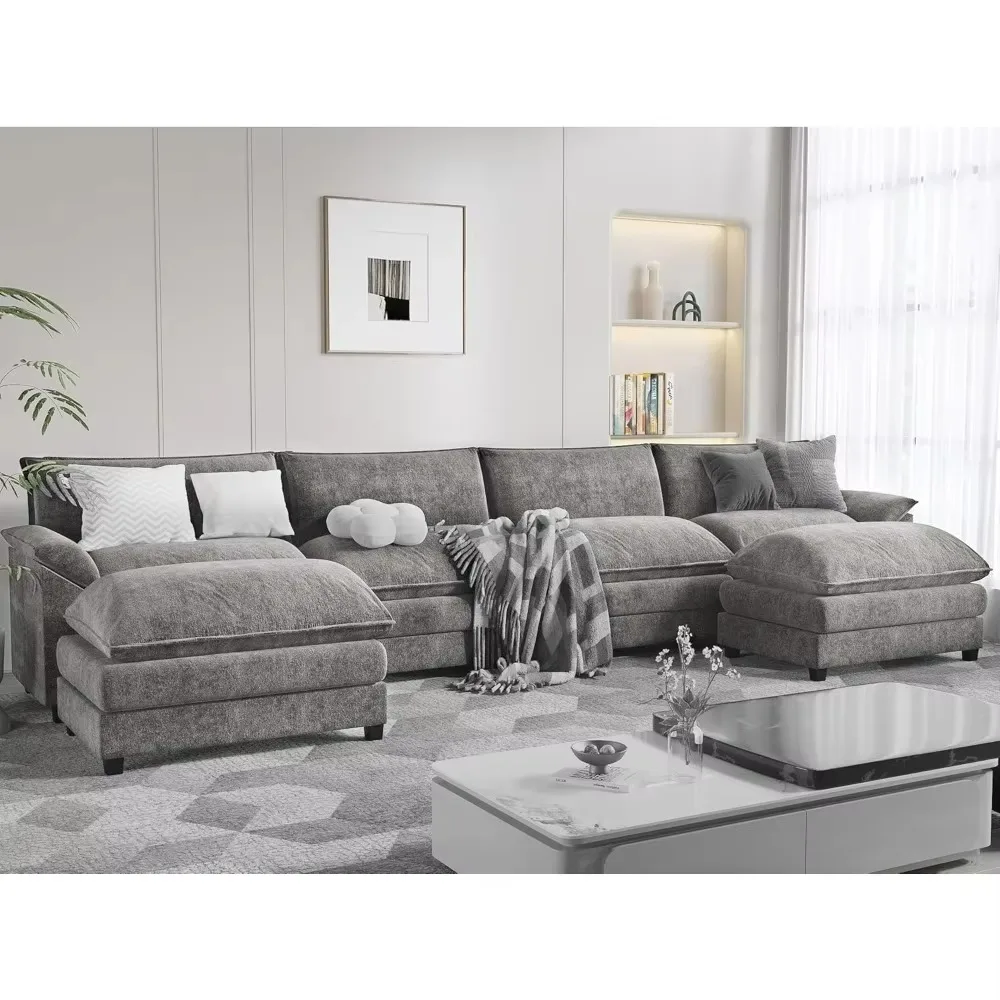 Modern Convertible Sofa U Shaped Couch, Fabric 6 Seat Sofa Set with Ottoman, Modular Sectional Sofa Couch, Sectional Couches