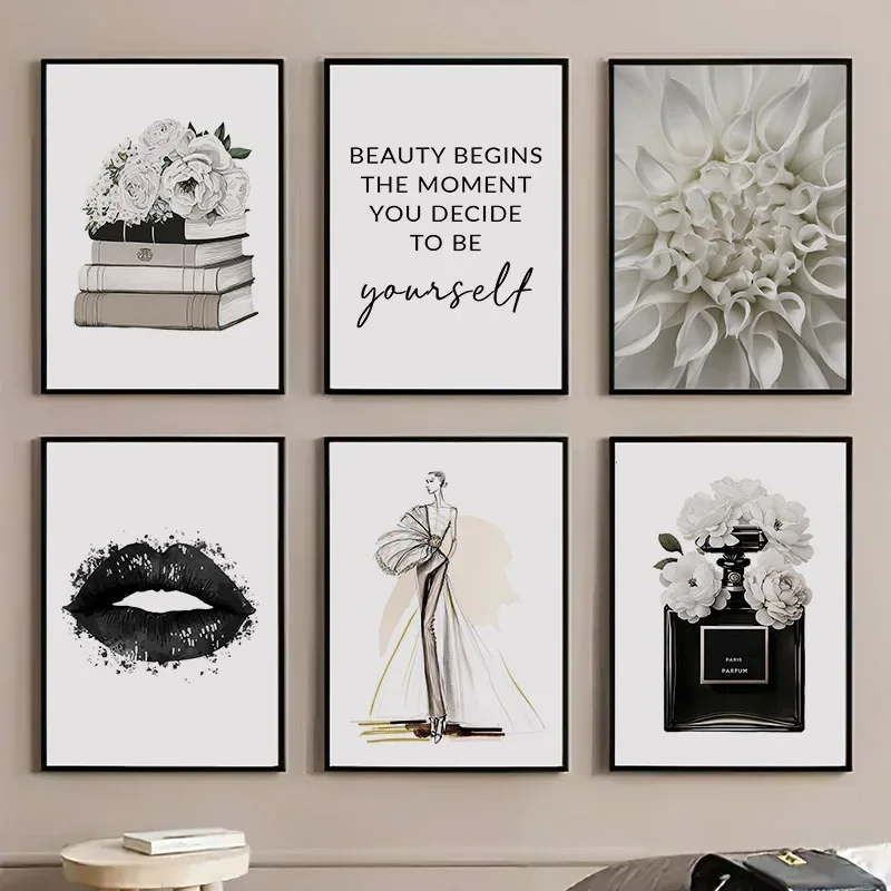 Wall Art Canvas Painting Perfume Lip Book Flower Girl Black White Fashion Poster Living Room Decoration Salon Wall Pictures C