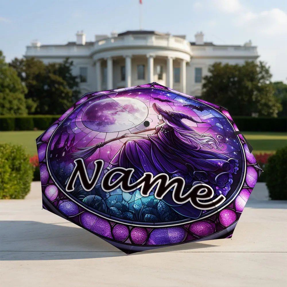 Custom Name Umbrella Stained Glass Witch Flying On Broom Full Moon Halloween Print Folding Umbrella Portable Travel Parasol