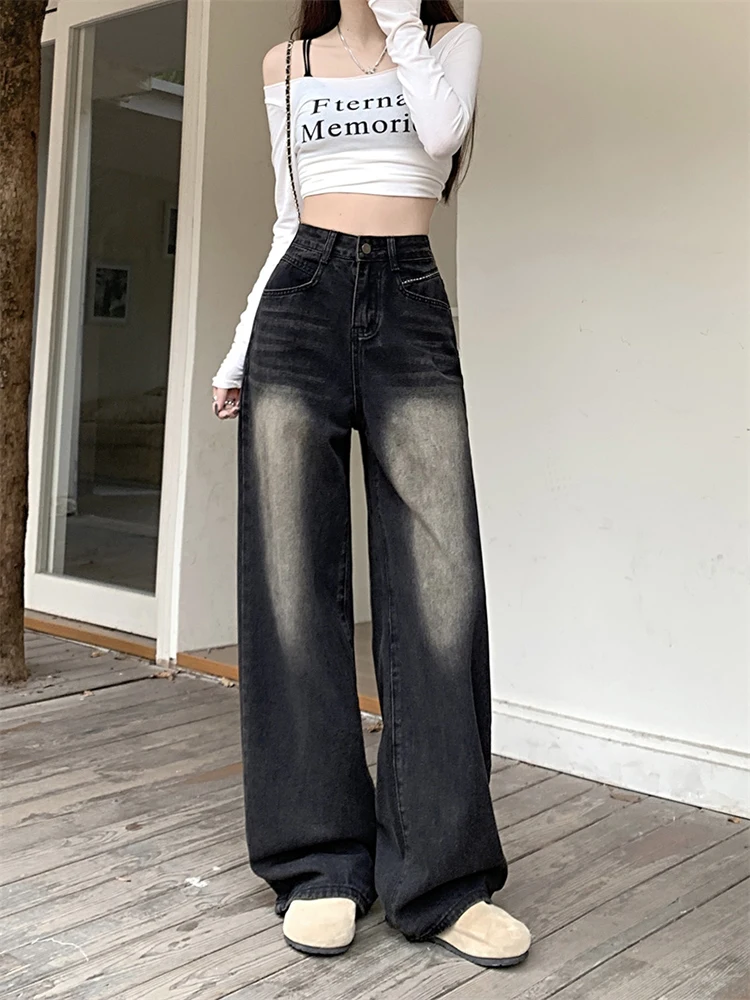 

WCFCX STUDIO Streetwear Women's Harajuku Style Loose Wide Leg Jeans Autumn Winter Fashion Retro Straight Loose Denim Trousers