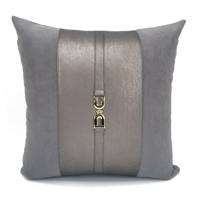 light luxury grey/orange/coffee color cushion cover pu leather suede patchwork pillowcase decorative buckle waist pillow cover