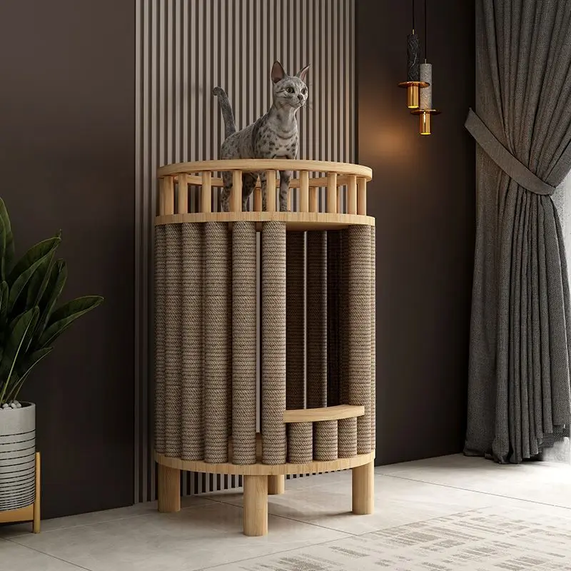 Cat nest cat climbing frame solid wood integrated, small villa paradise cat bedside table
