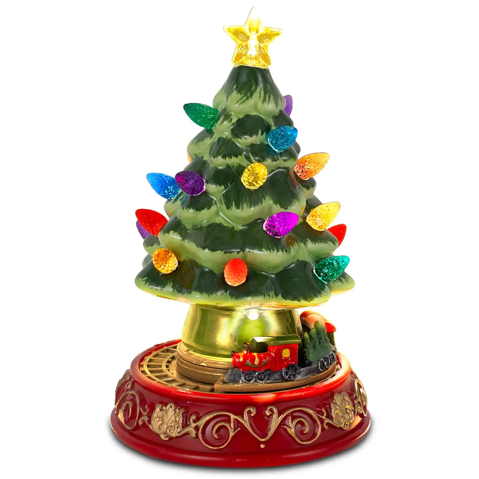 Lighted Christmas Tree with Rotating Train Prelit Tabletop Decor Animated Christmas Tree with Top Star Bulbs Xmas Decoration