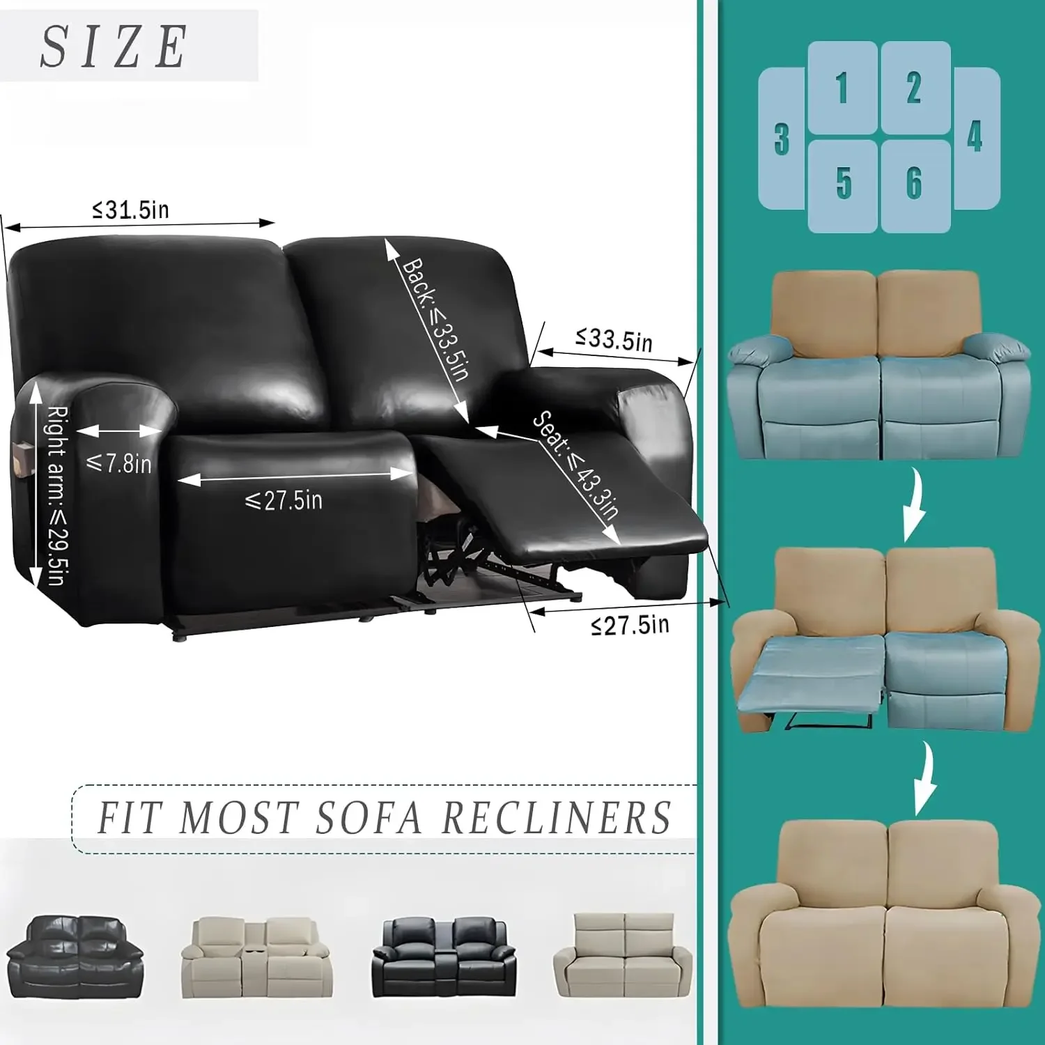 PU Leather Stretch Recliner Sofa Cover 2-Seater with Side Pockets Waterproof Slipcover Recliner Couch Cover Living Room