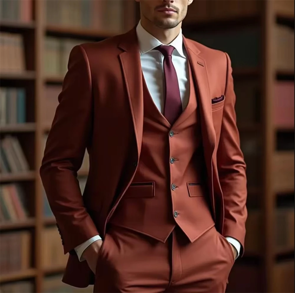 

Классический мужской костюм из 3 предметов цвета ржавчины, современный наряд для жениха и свадьбы, идеально подходит для мероприятий и ужинов (пиджак + жилет + брюки)