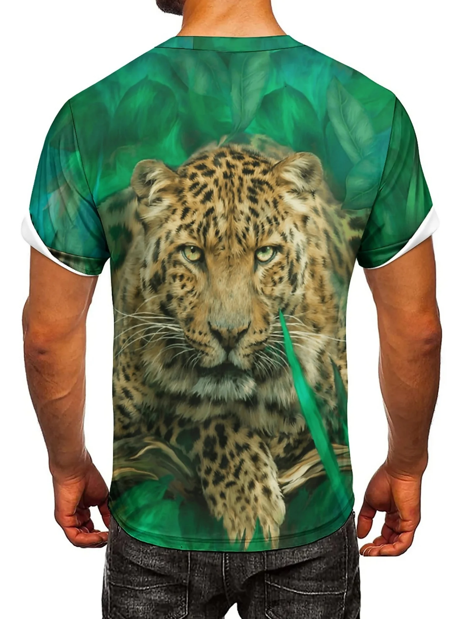 Men'S 3D Print Leopard & Tiger Design T-Shirt - Vibrant Green Jungle Animal Pattern, Short Sleeve, Polyester, Casual Summer Tee