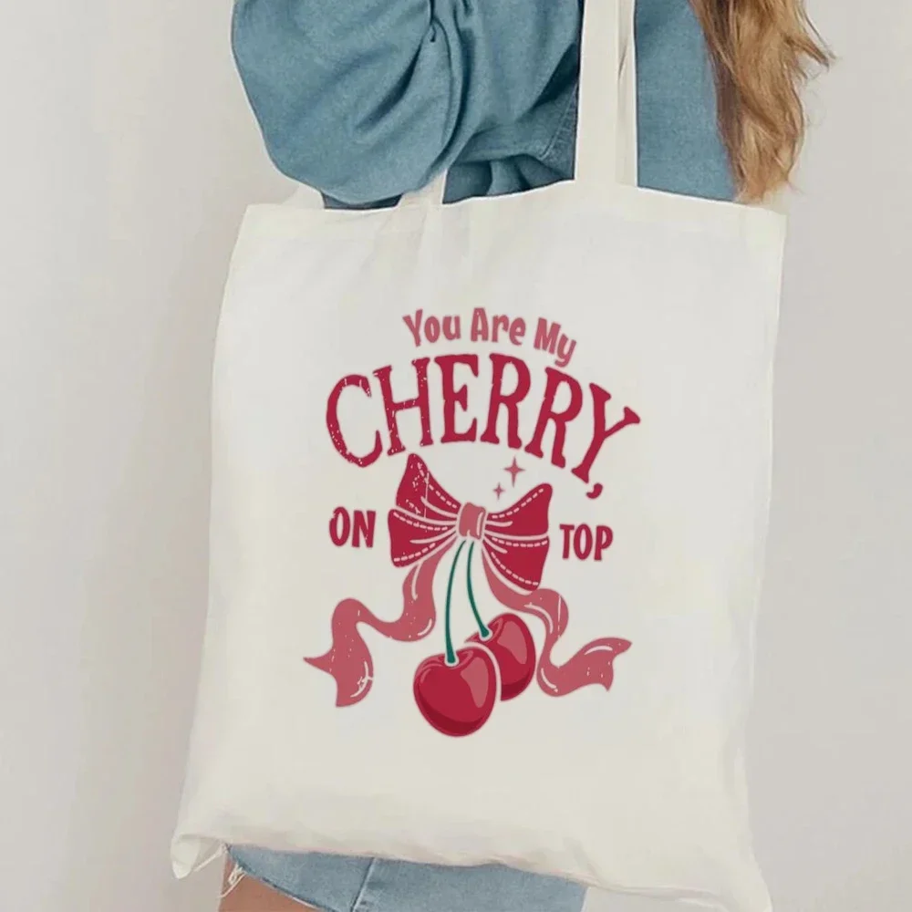 1pc Charming Stay Sweet Cherry Design Canvas Tote Bag, Reusable Shoulder Bag Floral Details for Coquette Style & Everyday Use