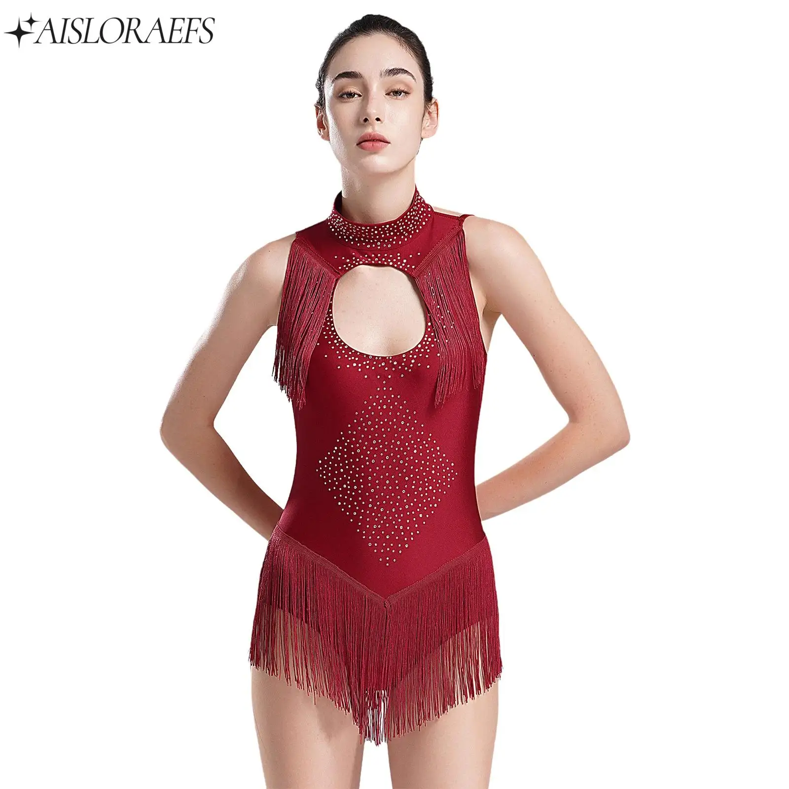 

Womens Latin Tango Dance Clothes Shiny Rhinestones Tassel Leotard Sleeveless Backless Fringe Bodysuit Ballroom Skirts Dress