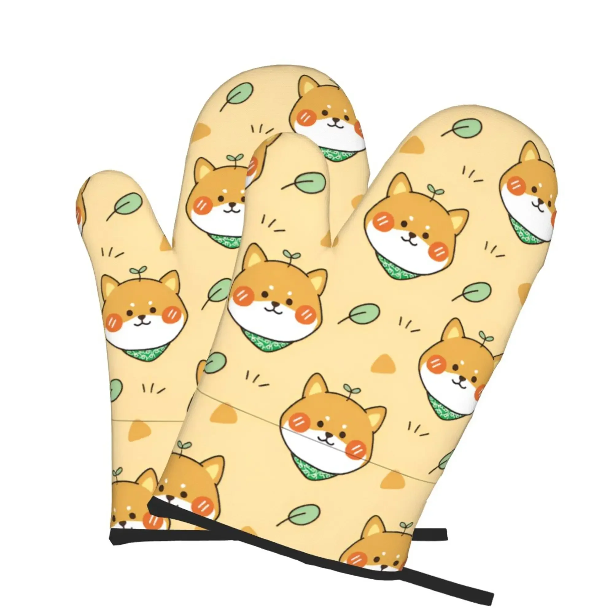 Kawaii Corgi Dog Pattern Women Girl Kitchen Oven Mitts 2pc Microwave Gloves Bbq Cooking Gloves Heat Resistant Gloves One Size