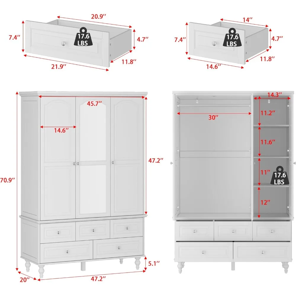 Wooden Wardrobe with Armrests, Mirror, 5 Drawers, 3 Doors and Shelves, 4 Levels of Storage Cabinets and Bedroom Hangers