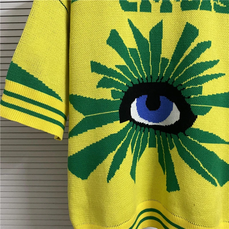 House of Errors Sweater Knitted T-shirt Lapel Short Sleeve Yellow Green Color Letter Pattern Jacquard Logo Tops Men Women - view 6