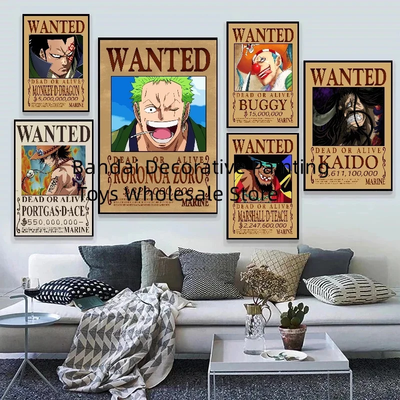 Japanese Anime Hot Luffy Action Figure Wanted Poster Craft Print Wall Sticker Vintage Stickers One Piece Wallpaper Paintings