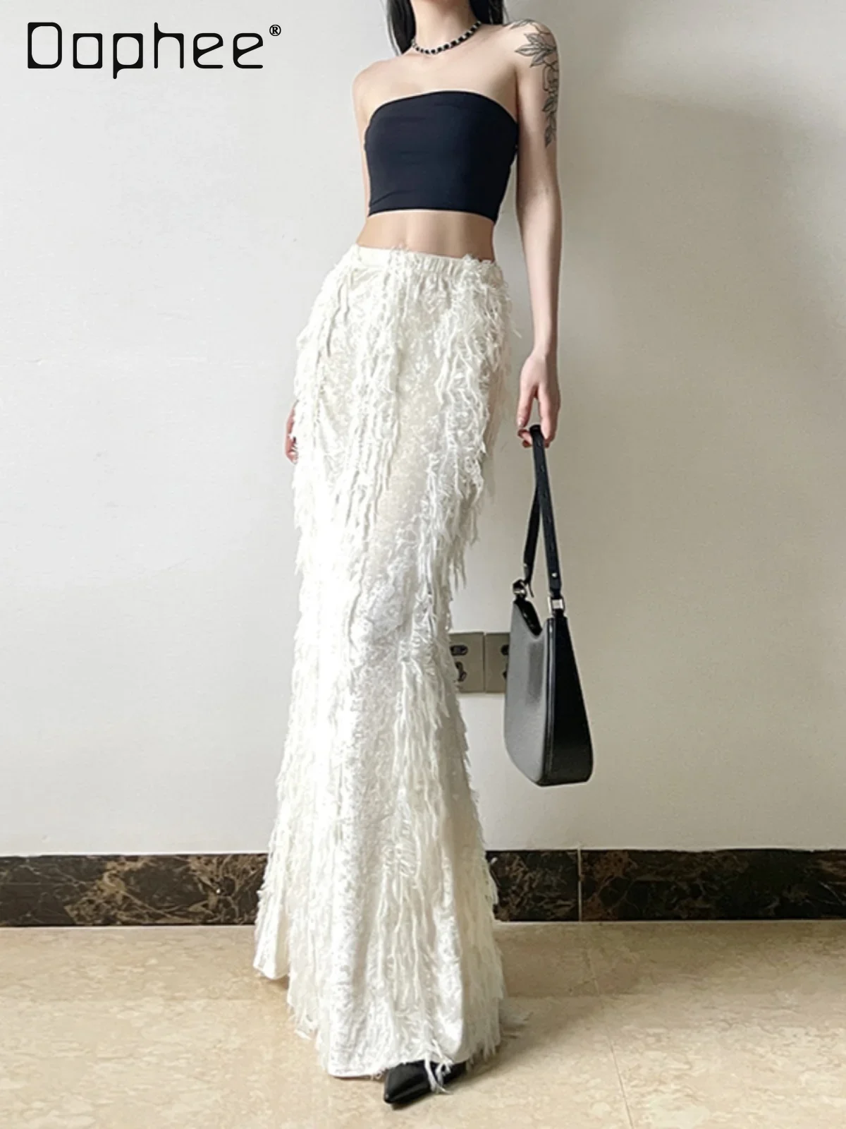 

French Tassel Velvet Long Skirt Elastic High Waist Temperament Slim Chic Fairy Fishtail Skirt Lace Patchwork White Skirt