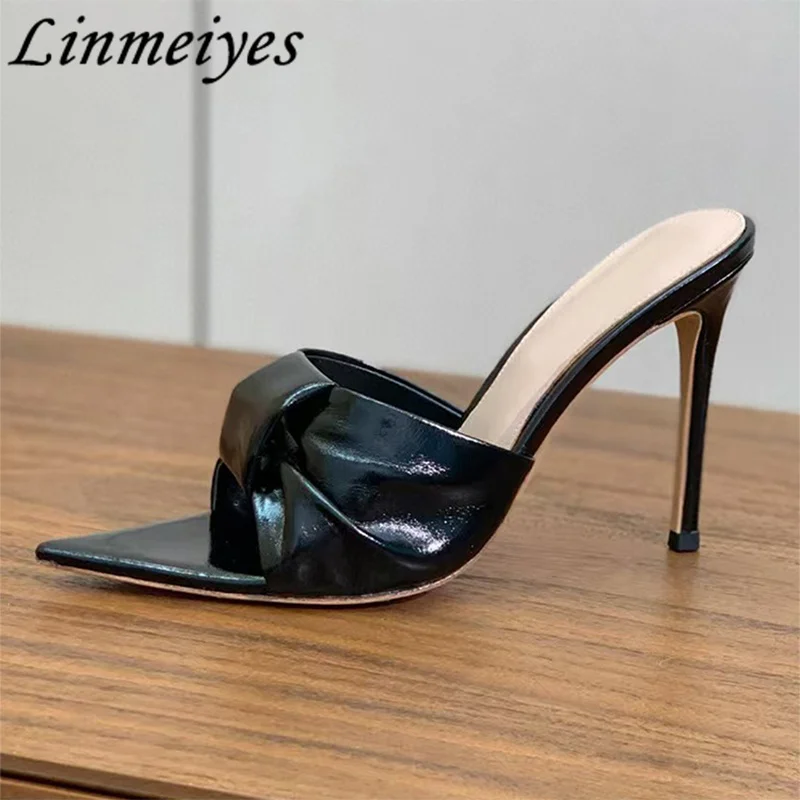 Sexy High Heels Slippers Women Pointed Peep Toe Slides Genuine Leather Summer Shoes Woman Stiletto Runway Sandals For Woman