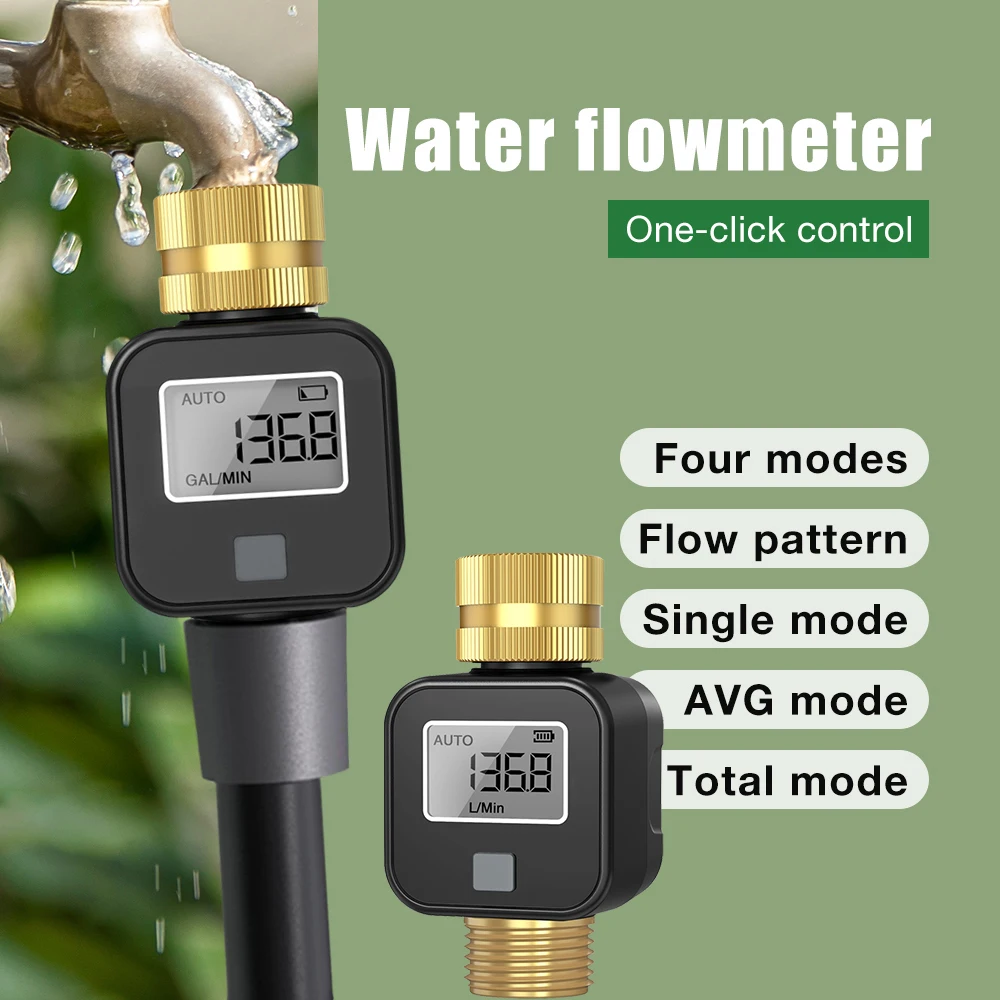 Brass Inlet Outlet Water Flow Meter LCD Water Flowmeter Accuracy Measure Water Consumption with Single Flow AVG Total 4 Modes