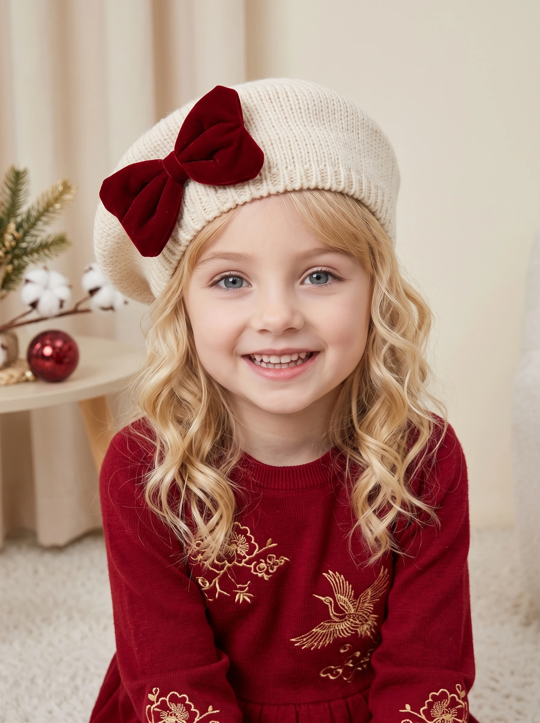 1 unidad de gorro de punto de terciopelo para bebés y niñas, gorro estilo pintor con decoración de lazo rojo para niñas pequeñas de 2 a 8 años