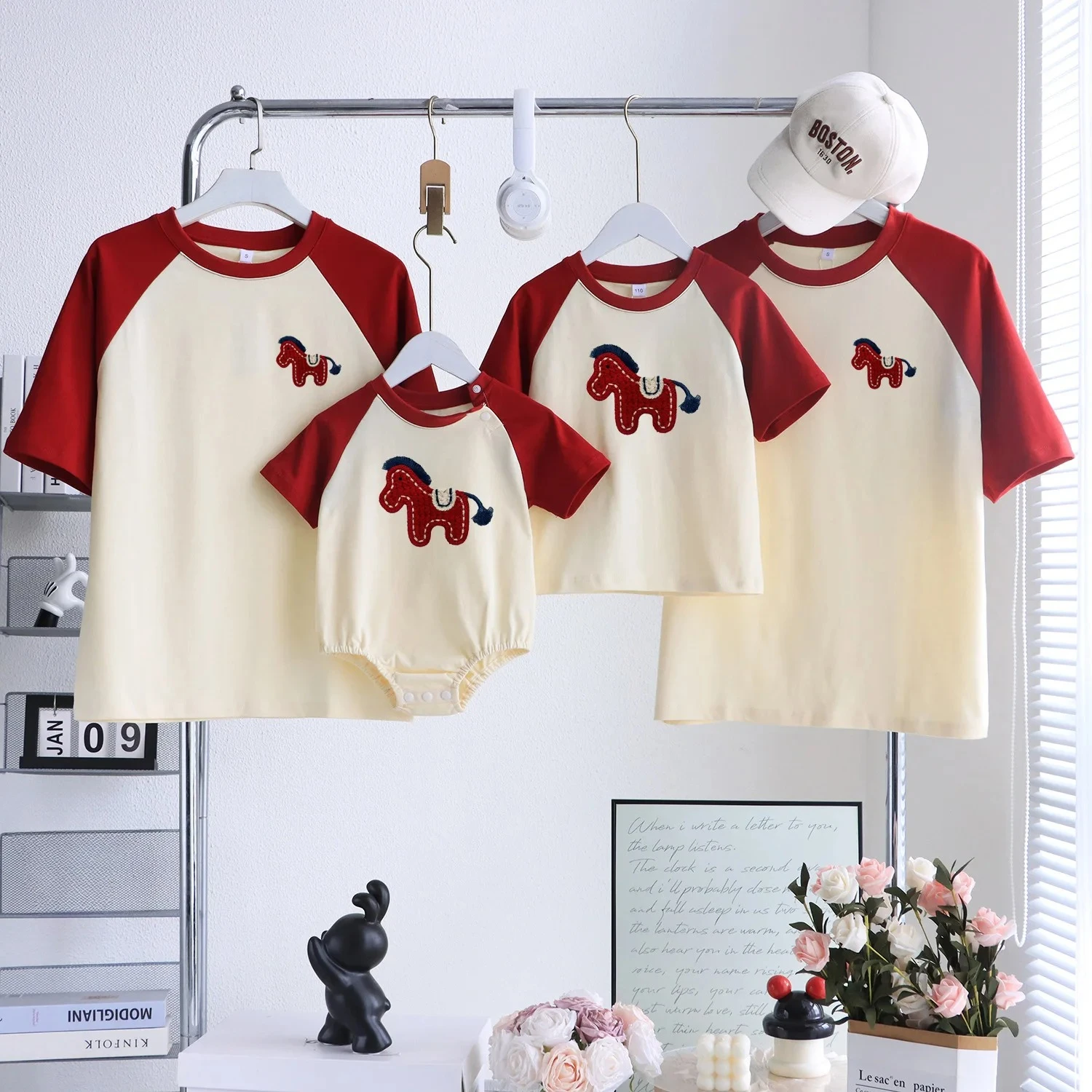 

2026 Summer Family Matching Color Block T-Shirt Baby Romper Embroidery Year of The Horse Basic Daily Outfits for Whole Family
