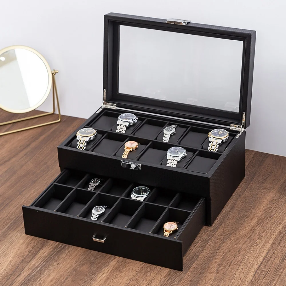 New 24 Slots Watch Storage Box Double Layer PU Leather Watch Organizer (34×21×15cm) with Glass Cover Lockable Watch Display Case