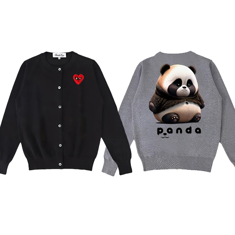 Fat Panda Cartoon Animal Print Women Cardigan Cotton Cute Red Glasses Heart Embroidery O-Neck Single Breasted Autumn Fit Sweater