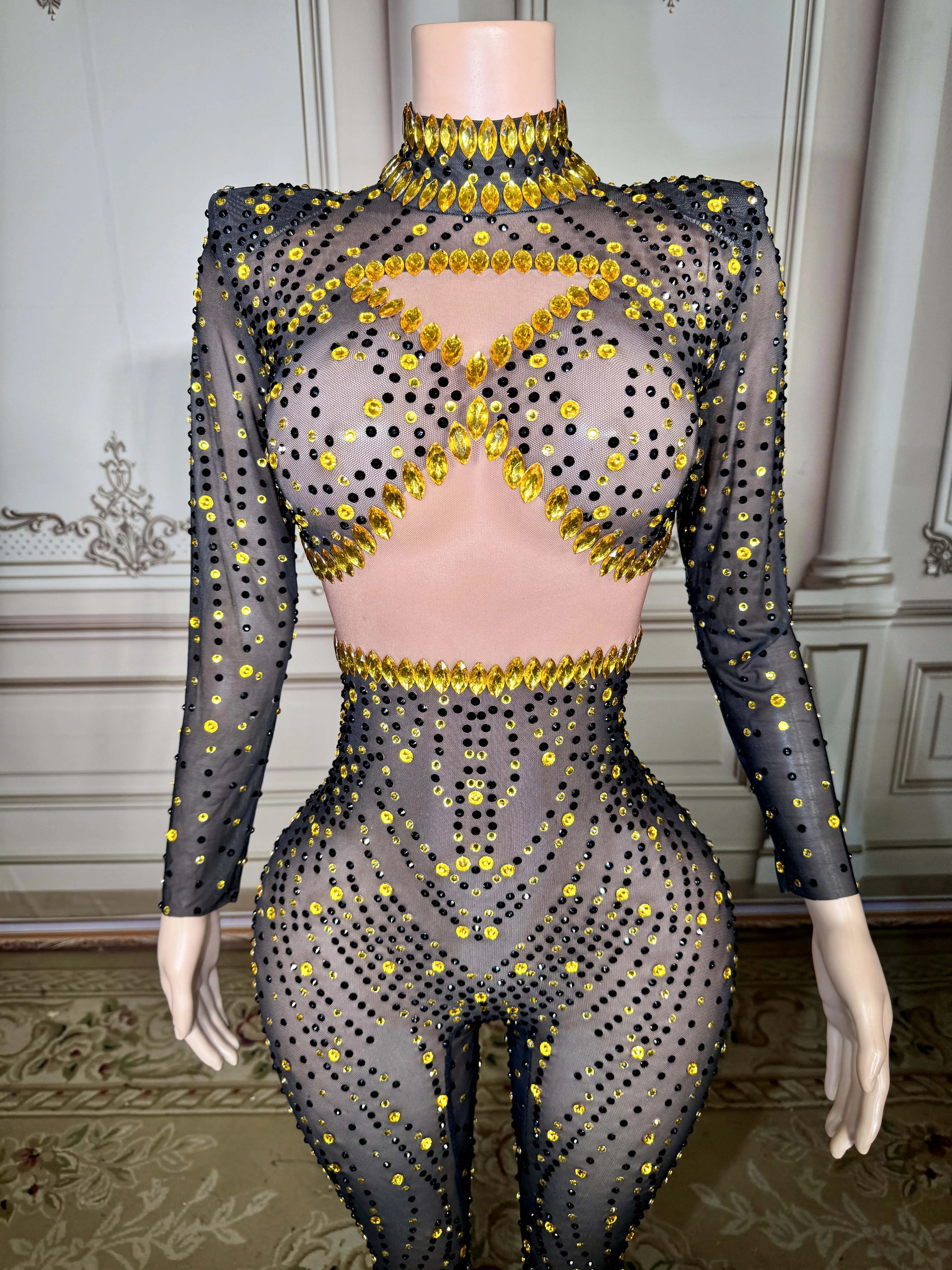 

Rhinestones Long Sleeve Sexy Bodycon Jumpsuit 2025 New Women Birthday Celebrate Evening Photo Shoot Stage Performance Costume